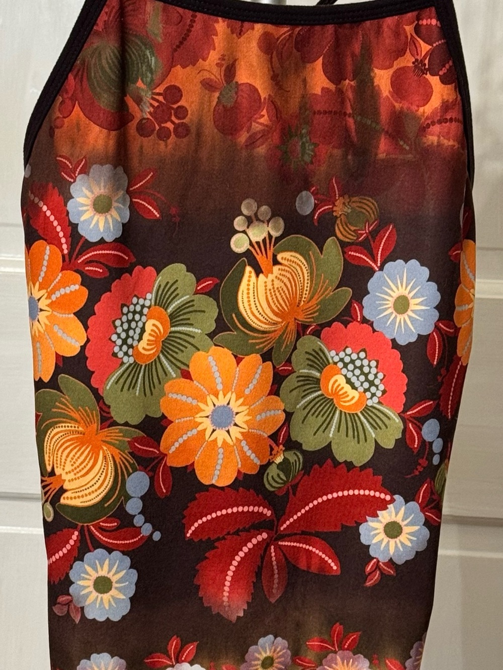 Athleta Vintage Floral Spaghetti Tank in Orange, Red & Olive.  Built in bra